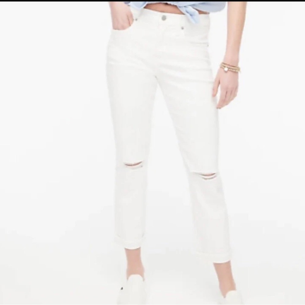 I Crew distressed boyfriend crop white jeans